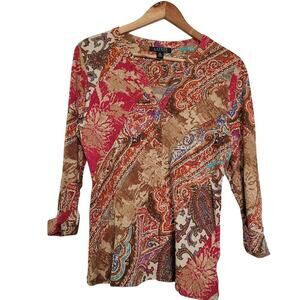 Lauren Ralph Lauren Womens Abstract Blouse Top M Multicolor Cotton Long Sleeves
